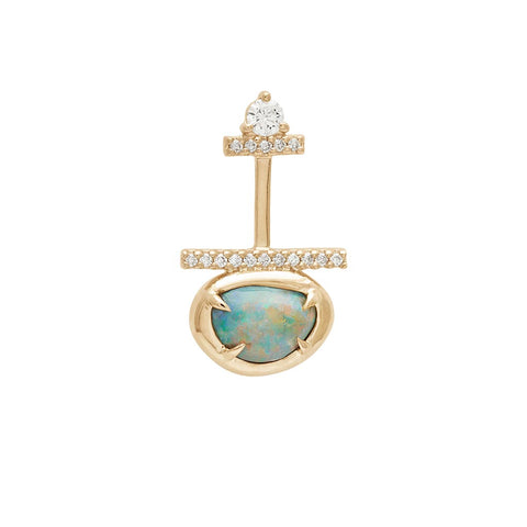 A single drop earring with a round white diamond at the top and then two lines of white diamond pave and a one of a kind opal at the bottom set in bezel with claw prongs set in yellow gold.