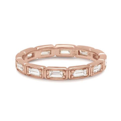 A white diamond baguette band that has diamond goes all around the band set in rose gold., Rose Gold 2