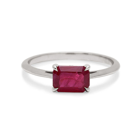 An east/west solitaire ring with an emerald shape ruby stone set in white gold., White Gold 4