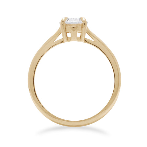 Side view of a solitaire brilliant cut oval 1.00ct white diamond set in yellow gold., Yellow Gold 2