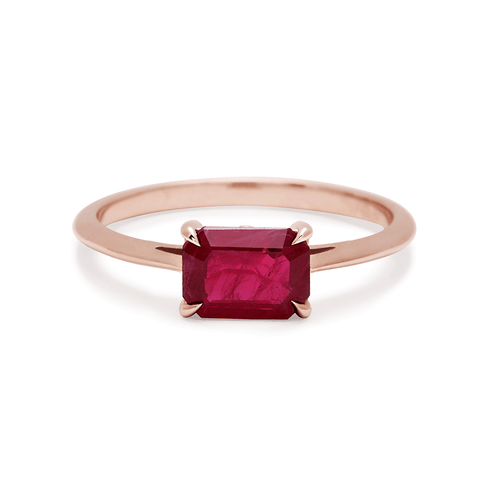 An east/west solitaire ring with an emerald shape ruby stone set in rose gold., Rose Gold 2