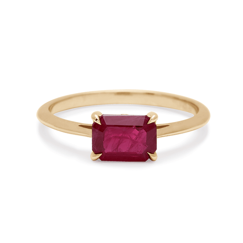 An east/west solitaire ring with an emerald shape ruby stone set in yellow gold., Yellow Gold