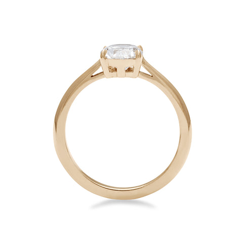 Side view of a solitaire oval brilliant cut 1.25ct white diamond set in yellow gold., Yellow Gold 6