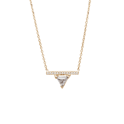 A necklace with a white trilliona set below a line of white diamond pave set in yellow gold on a yellow gold chain.