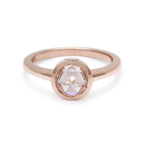 A round rose cut bezel set champagne diamond set in rose gold., Rose Gold