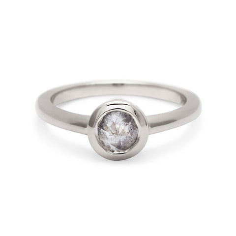 A round rose cut bezel set grey diamond set in white gold., White Gold