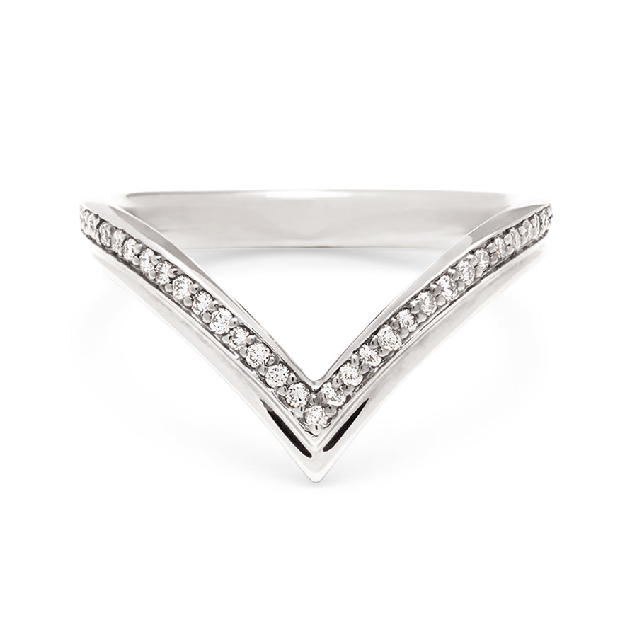 A chrysalis band with white diamonds set in white gold., White Gold