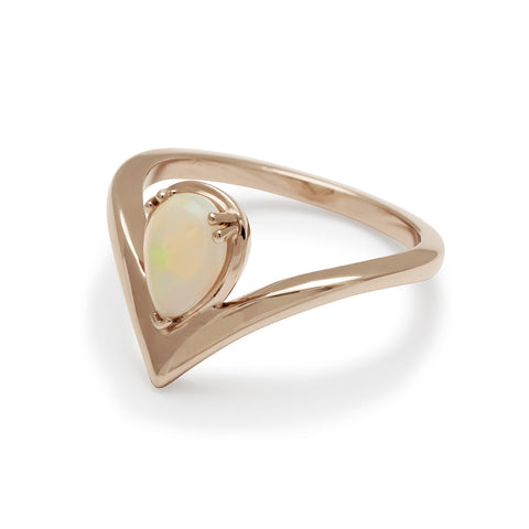 Angled view of a pear shaped ring with an opal center stone set in rose gold., Rose Gold 5