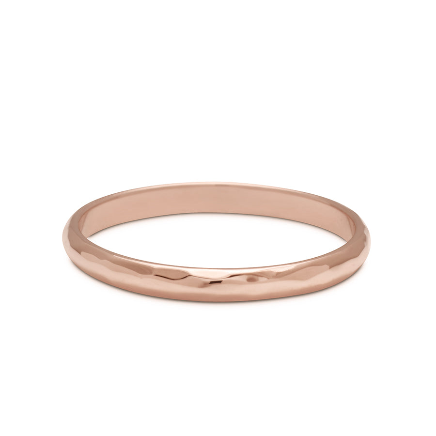 A 2mm classic round band with hammered finish set in rose gold., Rose Gold, Hammered
