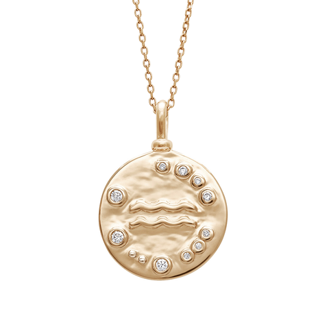 A 18mm charm with the Aquarius zodiac sign set in yellow gold with white diamond accent stones on a yellow gold chain.