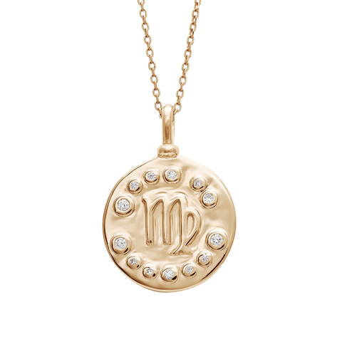 A 18mm charm with the Virgo zodiac sign set in yellow gold with white diamond accent stones on a yellow gold chain.
