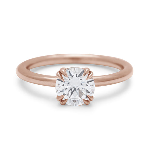 A solitaire round 1.00ct white diamond ring with double claw prongs set in rose gold., Rose Gold 13