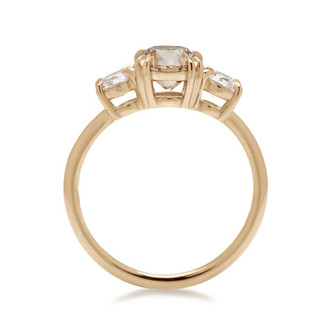 Side view of a three stone engagement ring with a round shape champagne diamond center stone with two white diamond round side stones set in yellow gold., Yellow Gold 4