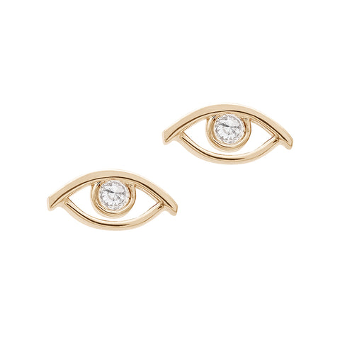 A pair of evil eye studs with a white diamond accent stone set in yellow gold.