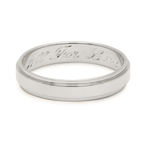 A white gold flat edge solid gold band with "All For Love" engraved on the inside., White Gold 3