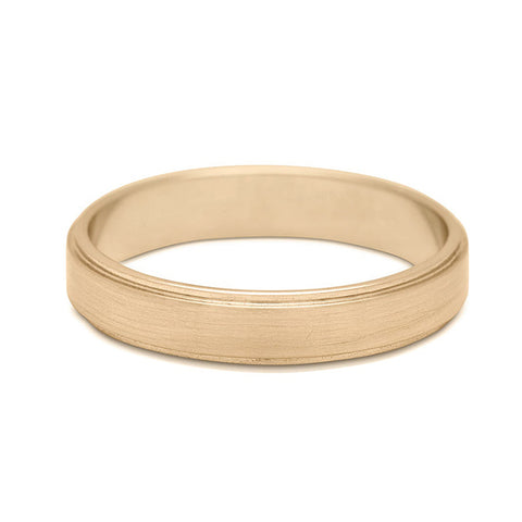 A 4mm flat edge band with a brushed finish set in yellow gold., Yellow Gold 6