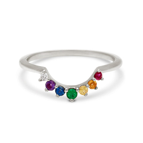 A curved 7 rainbow colored gemstones band set in white gold., White Gold 3