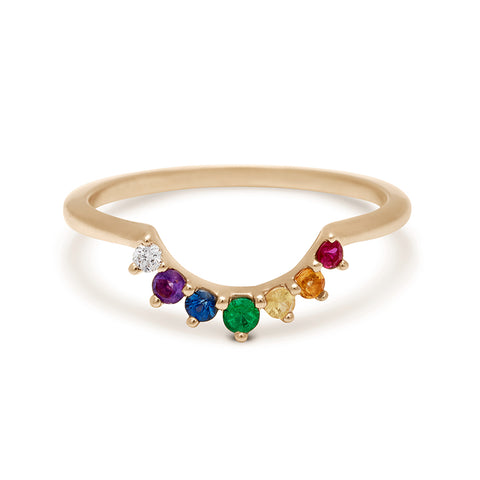 A curved 7 rainbow colored gemstones band set in yellow gold., Yellow Gold