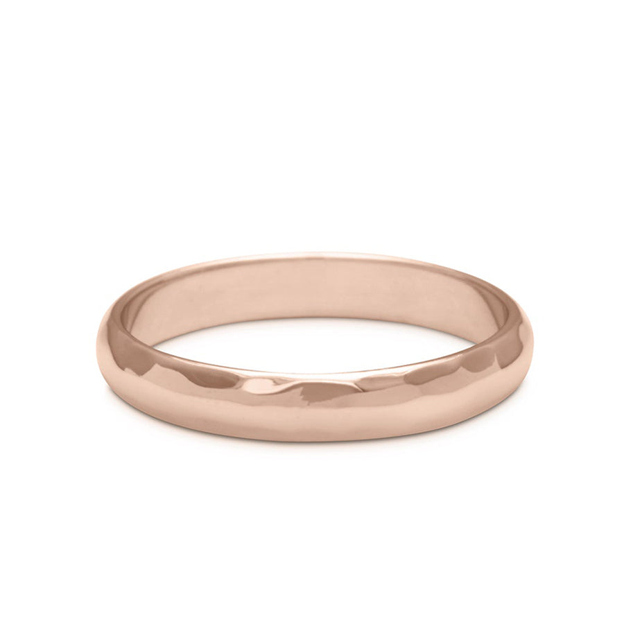 A 3mm classic round band with hammered finish set in rose gold., Rose Gold, Hammered