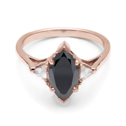 A three stone engagement ring with a marquise shape 1.25ct black diamond center stone with two white diamond trillion side stones set in rose gold., Rose Gold 2