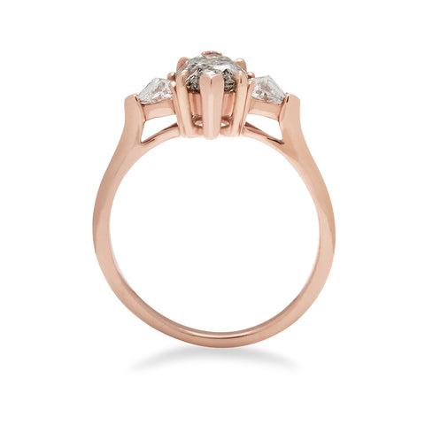 Side view of a three stone engagement ring with a marquise shape 1.50ct grey diamond center stone with two white diamond trillion side stones set in rose gold., Rose Gold 2