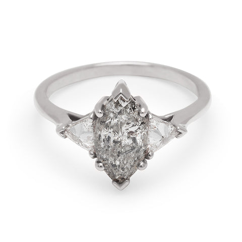 A three stone engagement ring with a marquise shape 1.50ct grey diamond center stone with two white diamond trillion side stones set in white gold., White Gold 5