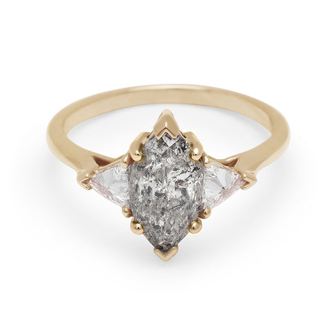 A three stone engagement ring with a marquise shape 1.50ct grey diamond center stone with two white diamond trillion side stones set in yellow gold., Yellow Gold 4