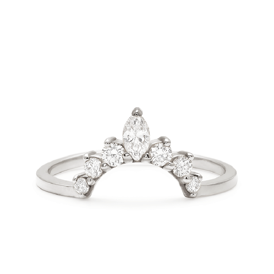 A curved band with three round white diamonds on either side of a marquise white diamond set in white gold., White Gold