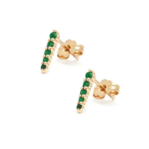 A pair of five green emerald pointe earring studs set in yellow gold.