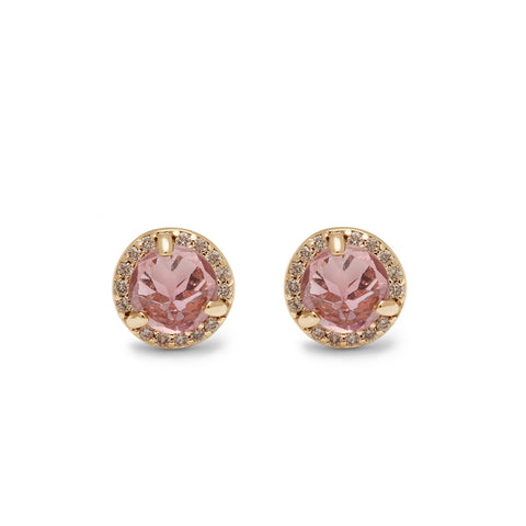 A pair of medium pink tourmaline center stone earrings with a halo of champagne diamonds set in yellow gold.