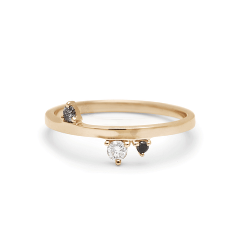 A straight band with asymetrical grey and black diamonds set in yellow gold., Yellow Gold