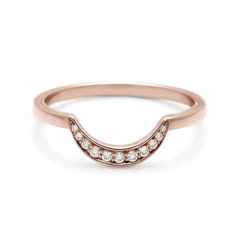 A curved crescent shaped band with 11 white diamonds set in rose gold., Rose Gold 2