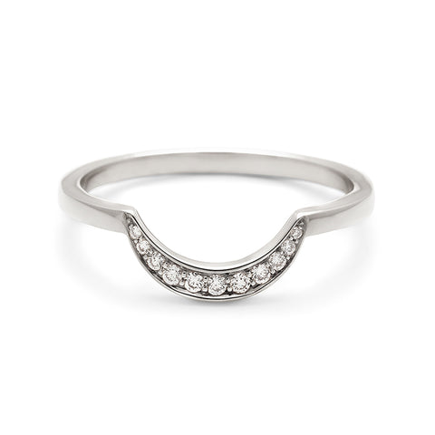 A curved crescent shaped band with 11 white diamonds set in white gold., White Gold 3