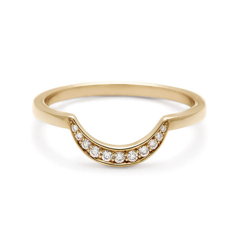 A curved crescent shaped band with 11 white diamonds set in yellow gold., Yellow Gold