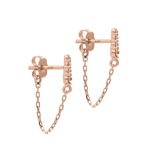 A pair of earrings with four champagne diamonds with a chain connecting to the ear back set in rose gold., Rose Gold 5