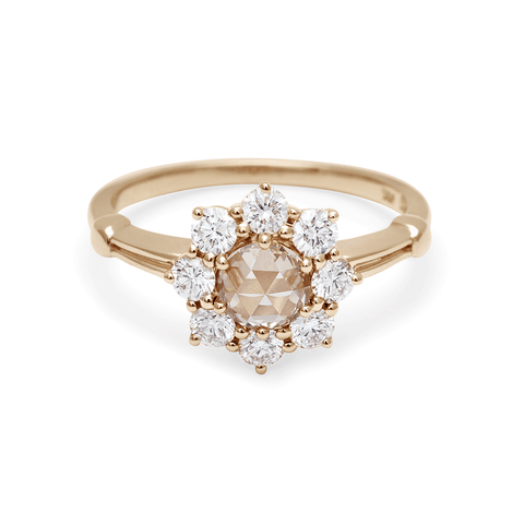 A cluster engagement ring with a rose cut champagne diamond center stone and round white diamond stones surrounding it set in yellow gold., Yellow Gold 2