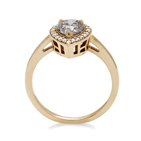 Side view of an engagement ring with a pear shape grey diamond center stone surrounded by a white diamond pave halo set in yellow gold. 2