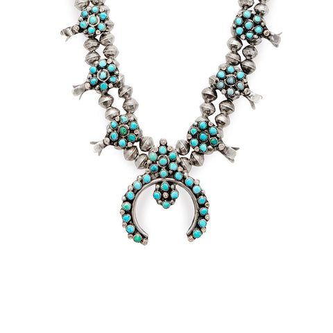 Squash Blossom Necklace No. 03 - Sterling Silver, Turquoise, White & Grey Diamonds