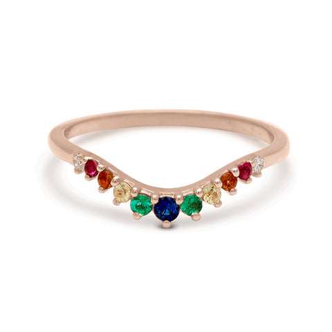 A curved 11 rainbow colored gemstones band set in rose gold., Rose Gold