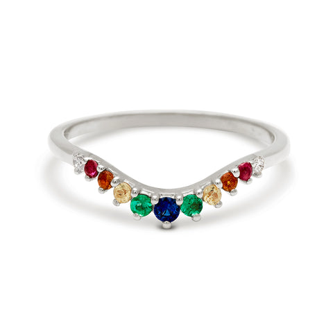 A curved 11 rainbow colored gemstones band set in white gold., White Gold 4