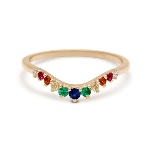 A curved 11 rainbow colored gemstones band set in yellow gold., Yellow Gold 2
