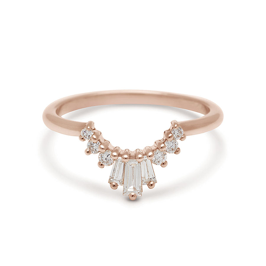 A three white diamond baguette band with three round white diamonds on either side set in rose gold., Rose Gold