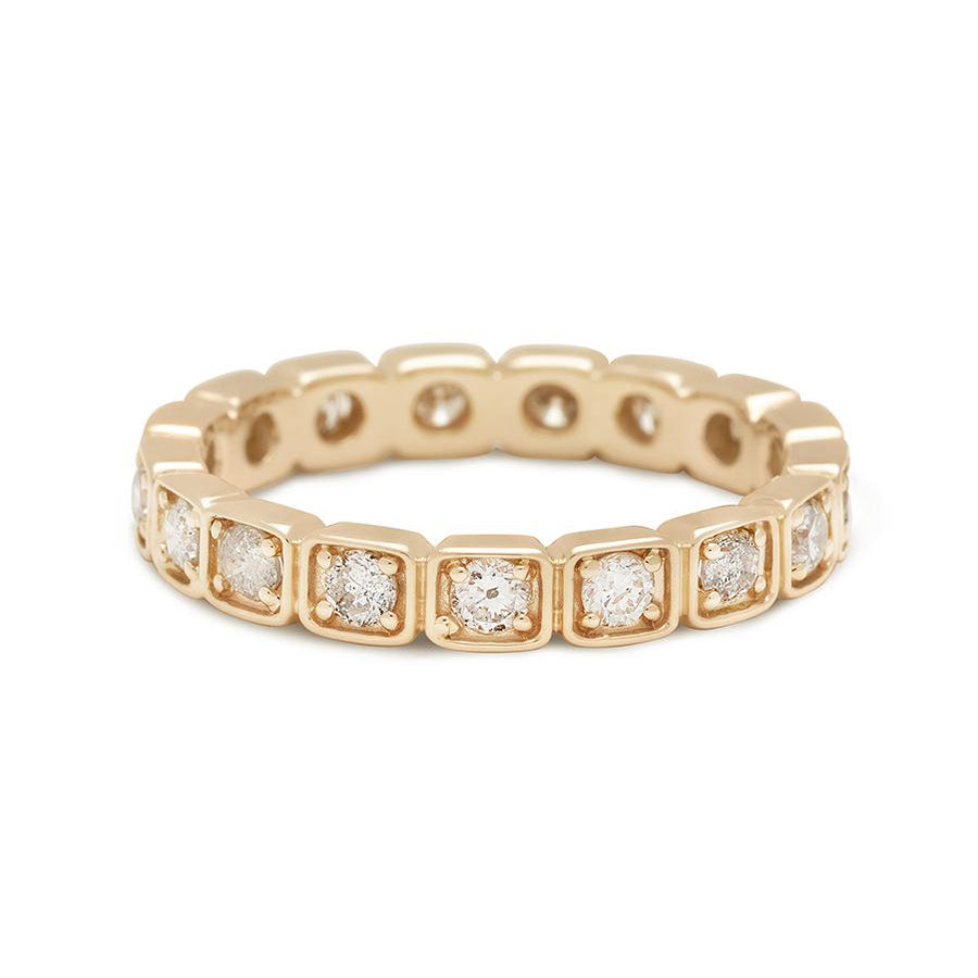 A 3mm straight band with white diamonds set in eternity around the band set in yellow gold., Yellow Gold