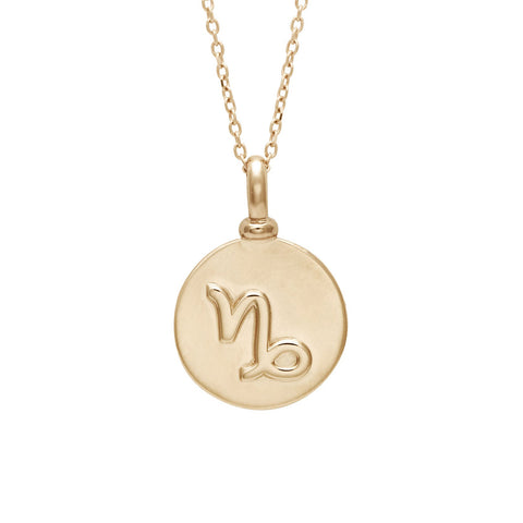 A 14mm charm with the Capricorn zodiac sign set in yellow gold on a yellow gold chain.