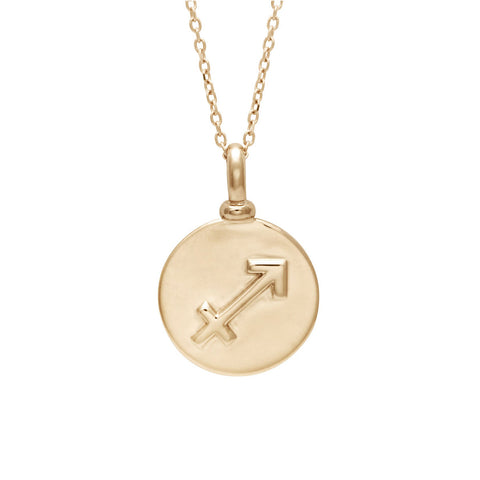 A 14mm charm with the Sagittarius zodiac sign set in yellow gold on a yellow gold chain.