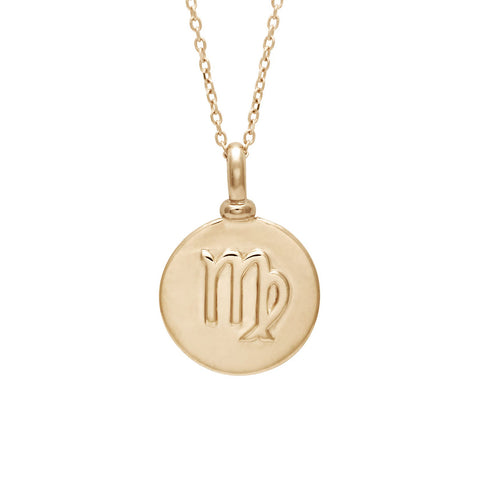A 14mm charm with the Virgo zodiac sign set in yellow gold on a yellow gold chain.