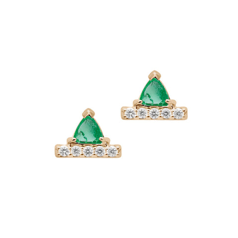 A pair of earrings with emerald trillions set above a line of white diamond pave set in yellow gold.