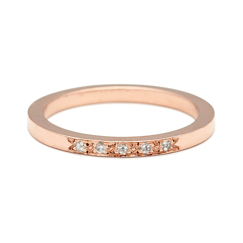 A flat band with 5 white diamonds set in the center in rose gold., Rose Gold 2