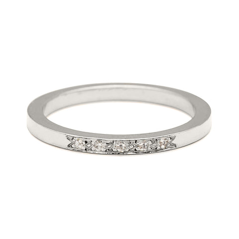 A flat band with 5 white diamonds set in the center in white gold., White Gold 3