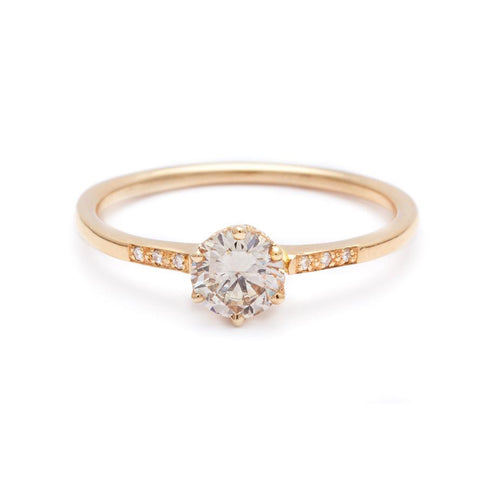 A solitaire ring with a brilliant cut 0.50ct champagne diamond with white diamond pave on either side set in yellow gold., Yellow Gold 3